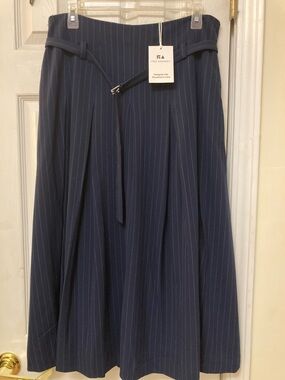 Tailored Navy Pinstripe A-Line Skirt with Belt
SIZE 10 
WOMENS